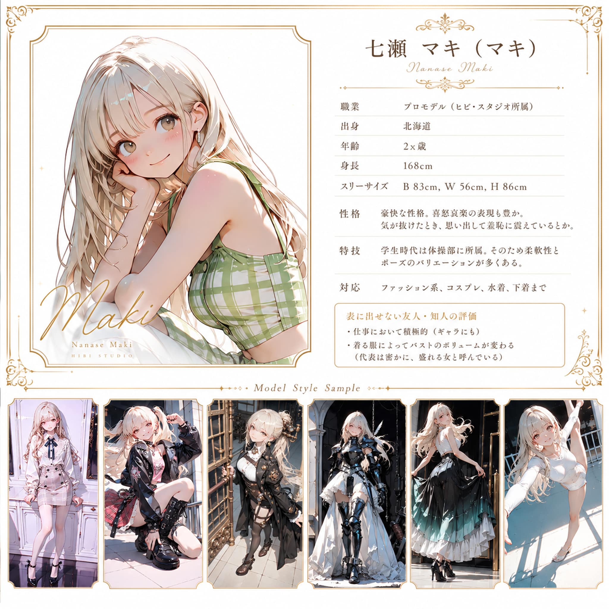 【プロフィール】七瀬　マキ（ヒビ・スタジオ所属）と裏プロフィール（営業用） | の人気AIイラスト・グラビア