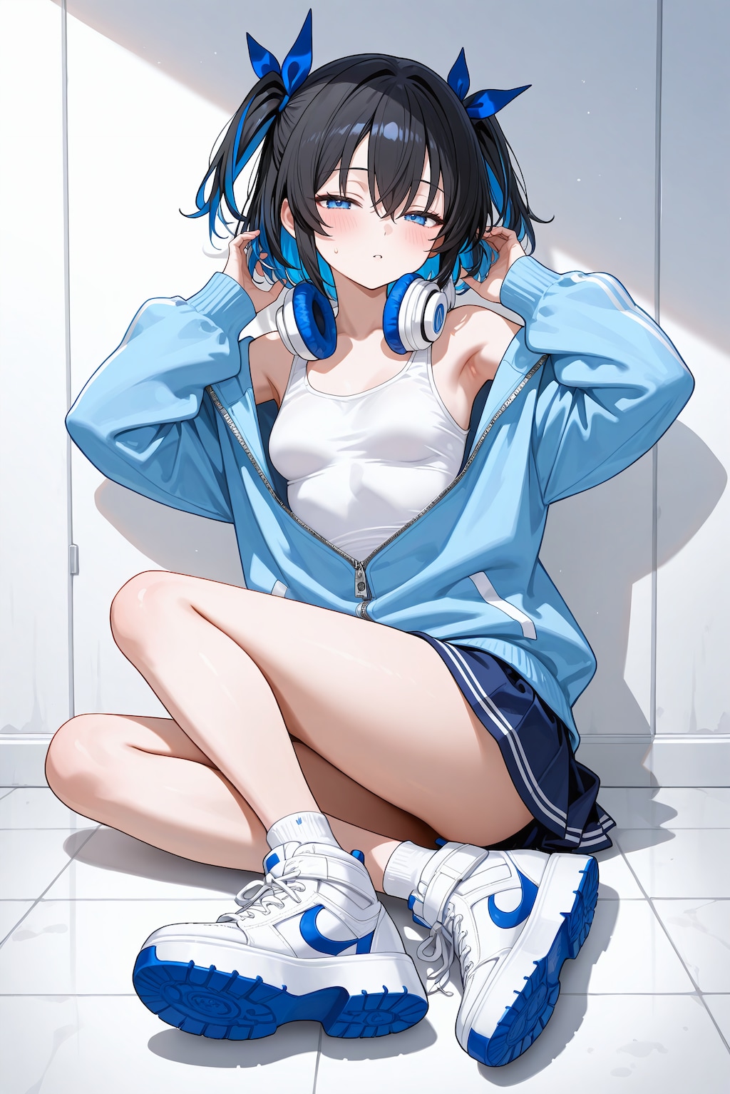 ヘッドフォン×オーバーサイズジャージ×スニーカー