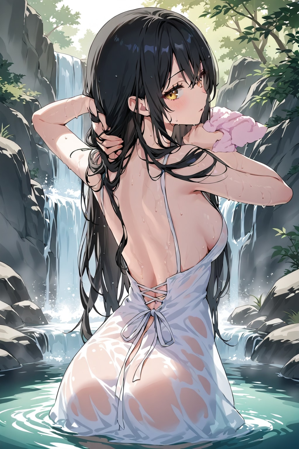 渓流で水浴び