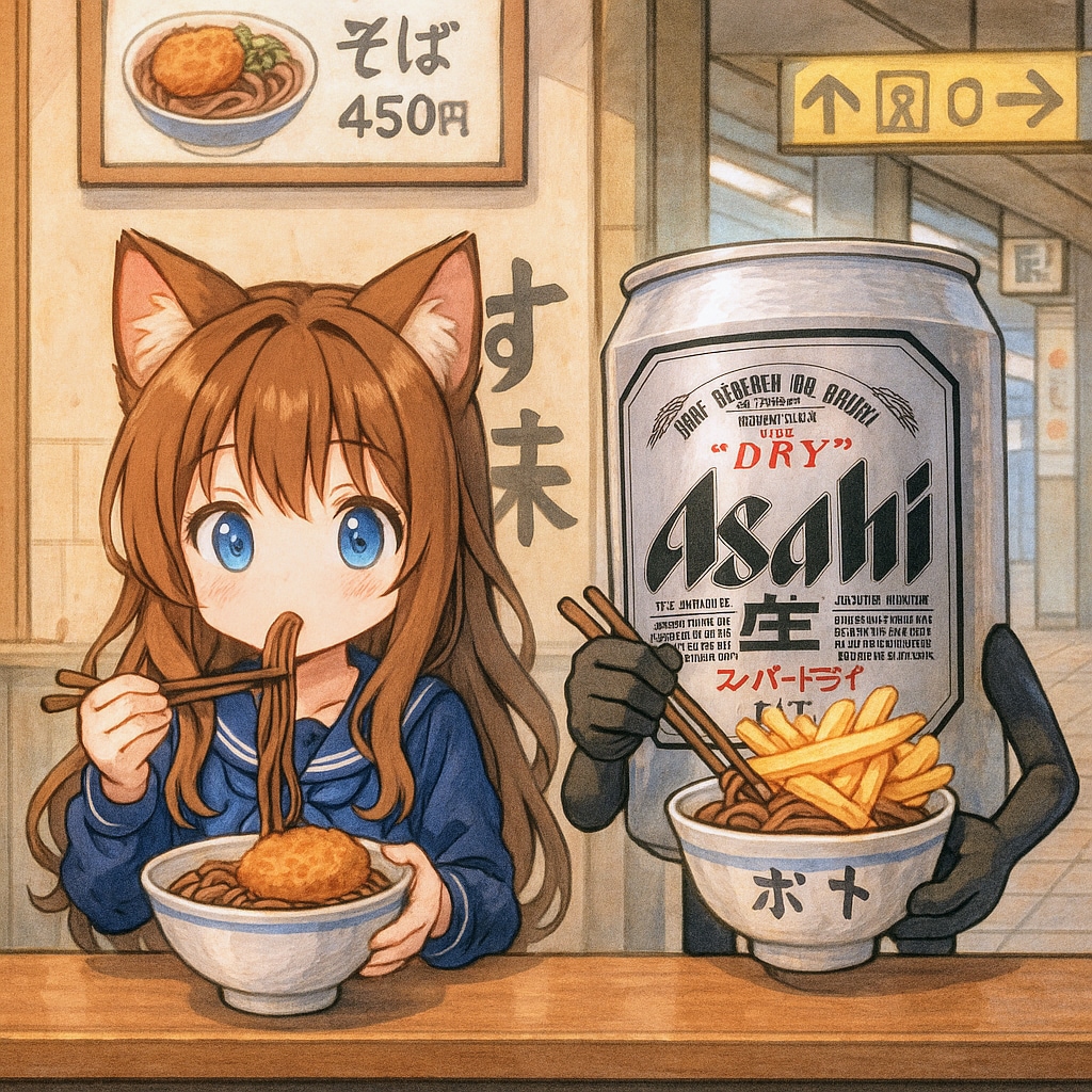 コロッケそばを食べる小さな女の子