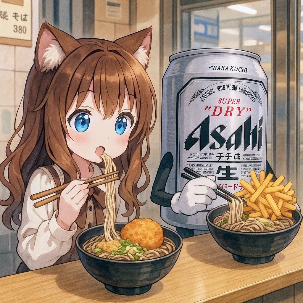 コロッケそばを食べる小さな女の子