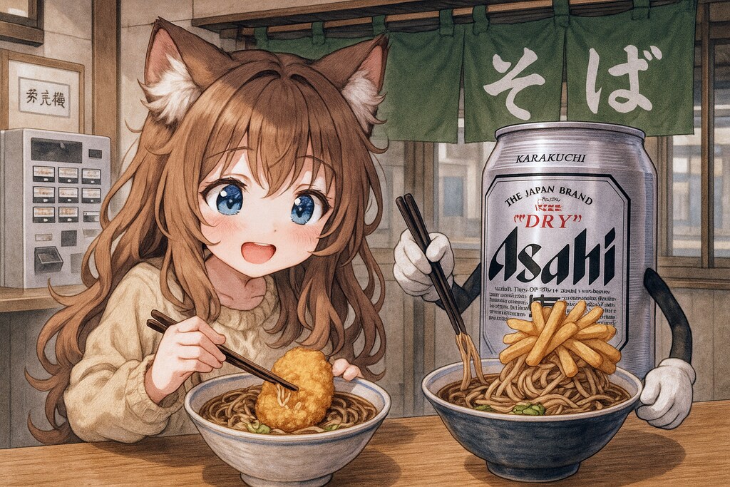 コロッケそばを食べる小さな女の子