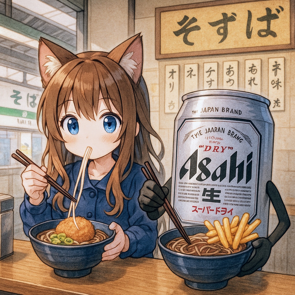 コロッケそばを食べる小さな女の子