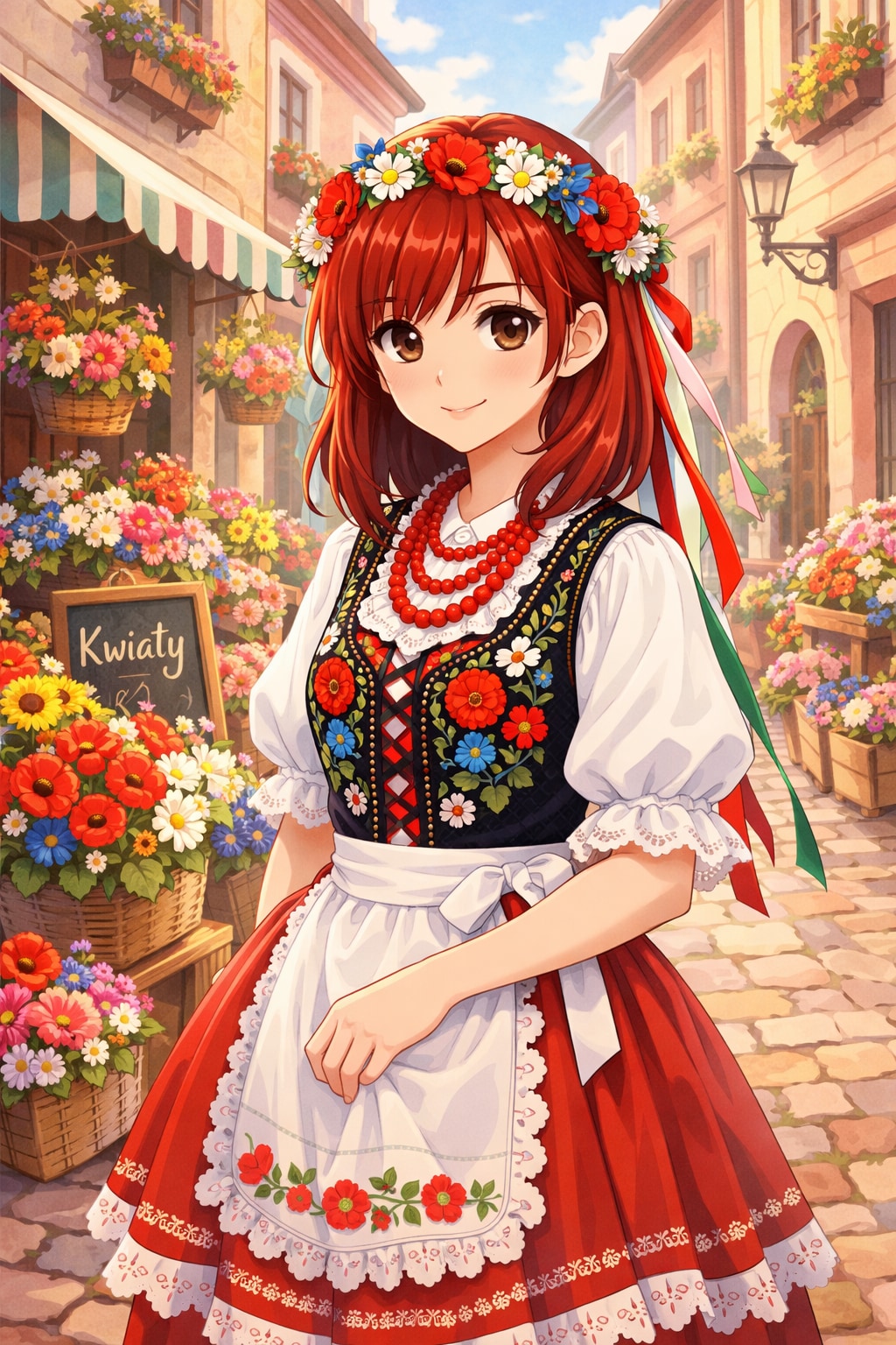 異国の路地裏とクラクフ衣装のレッドヘアちゃん