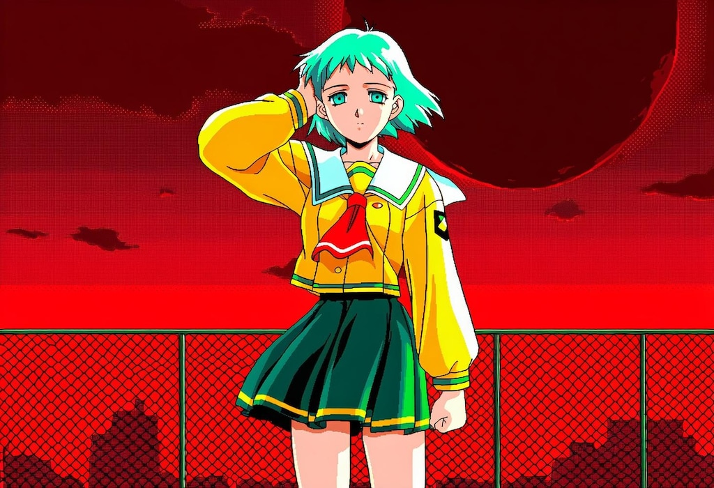 屋上の制服コスプレ電波少女＆人妻PC-98ドット絵風