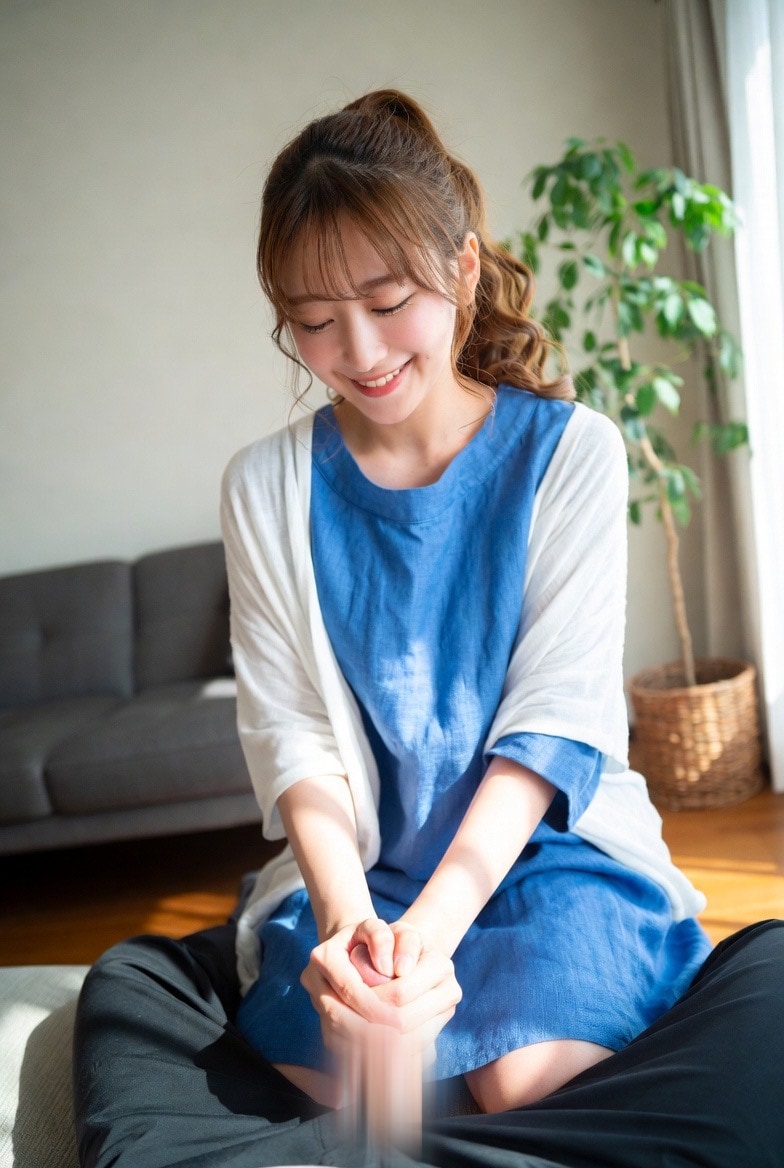 誘う新妻、優しい手で