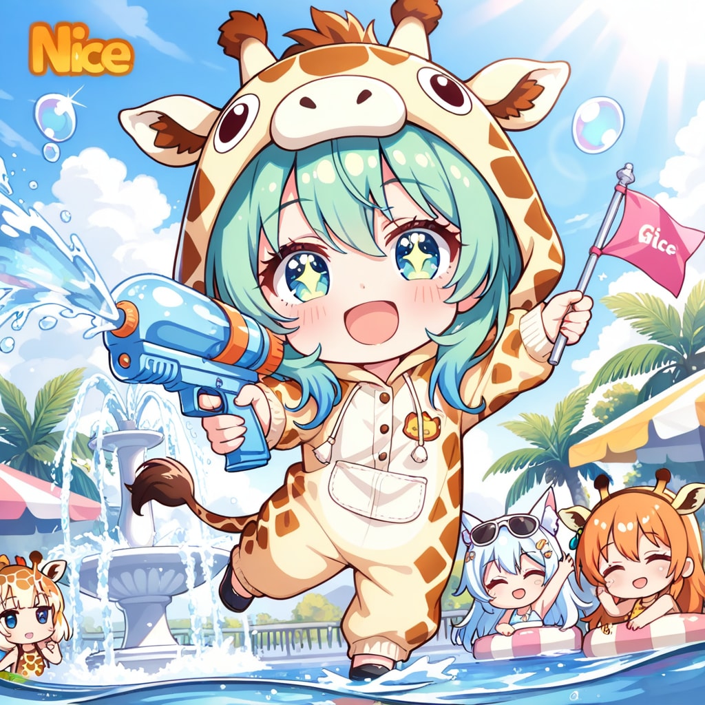 水の日を大いに盛り上げるキリン着ぐるみちび子ちゃんたち | の人気AIイラスト・グラビア