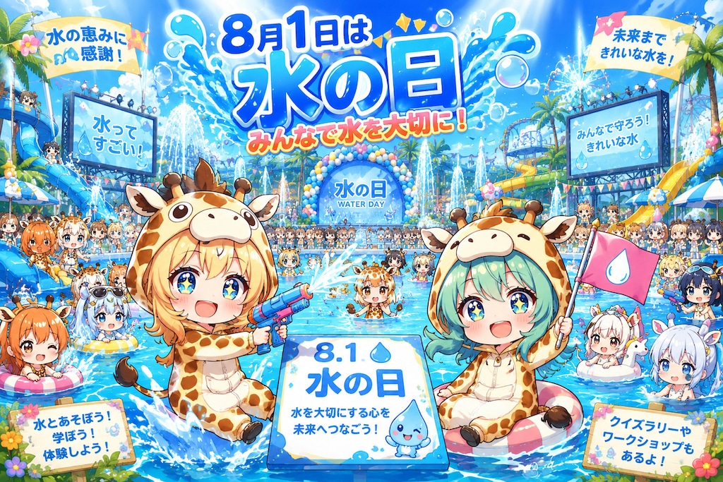 水の日を大いに盛り上げるキリン着ぐるみちび子ちゃんたち