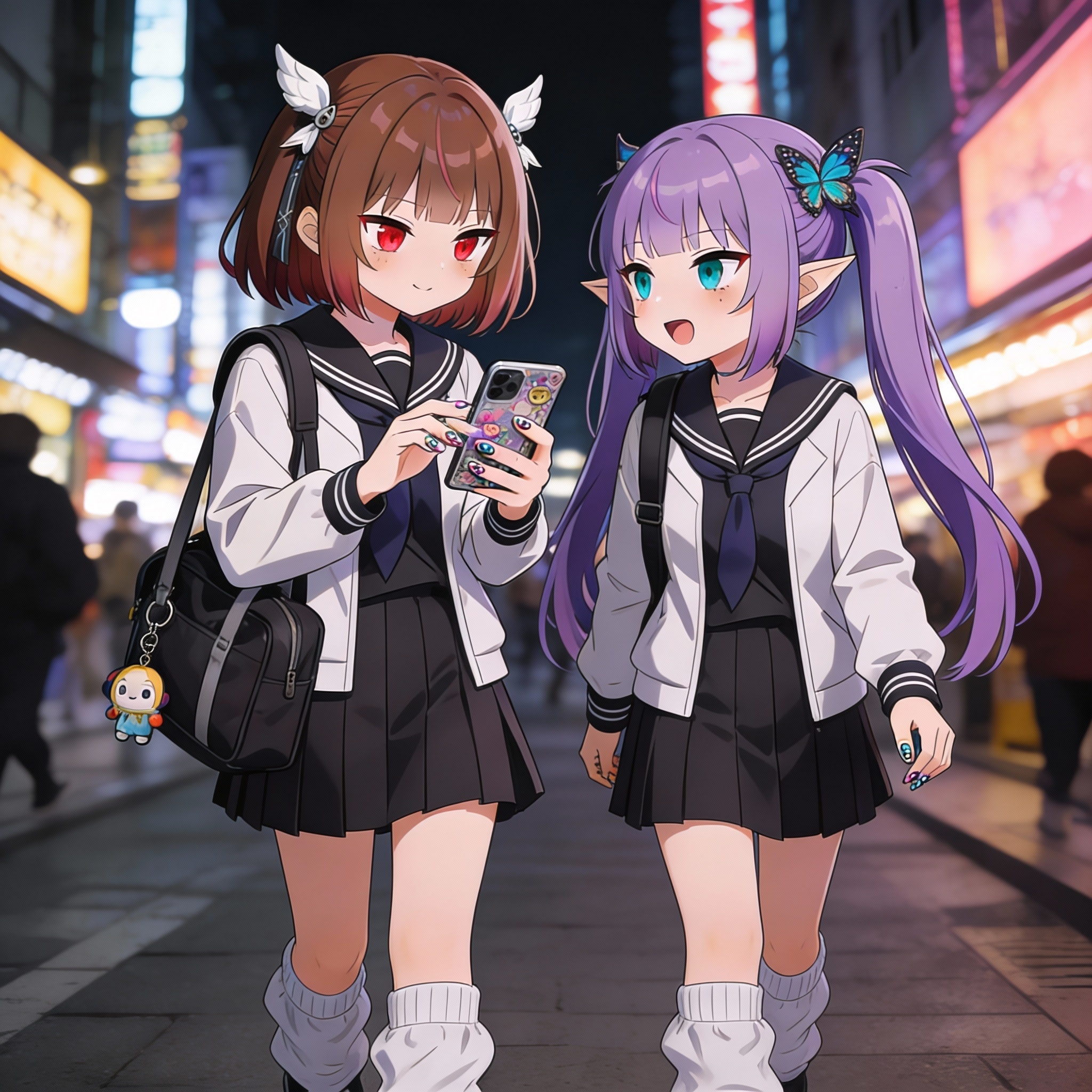 繁華街に遊びに来たミテルちゃんとすみれちゃん | の人気AIイラスト・グラビア