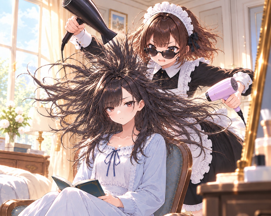 寝癖と戦うメイドさん