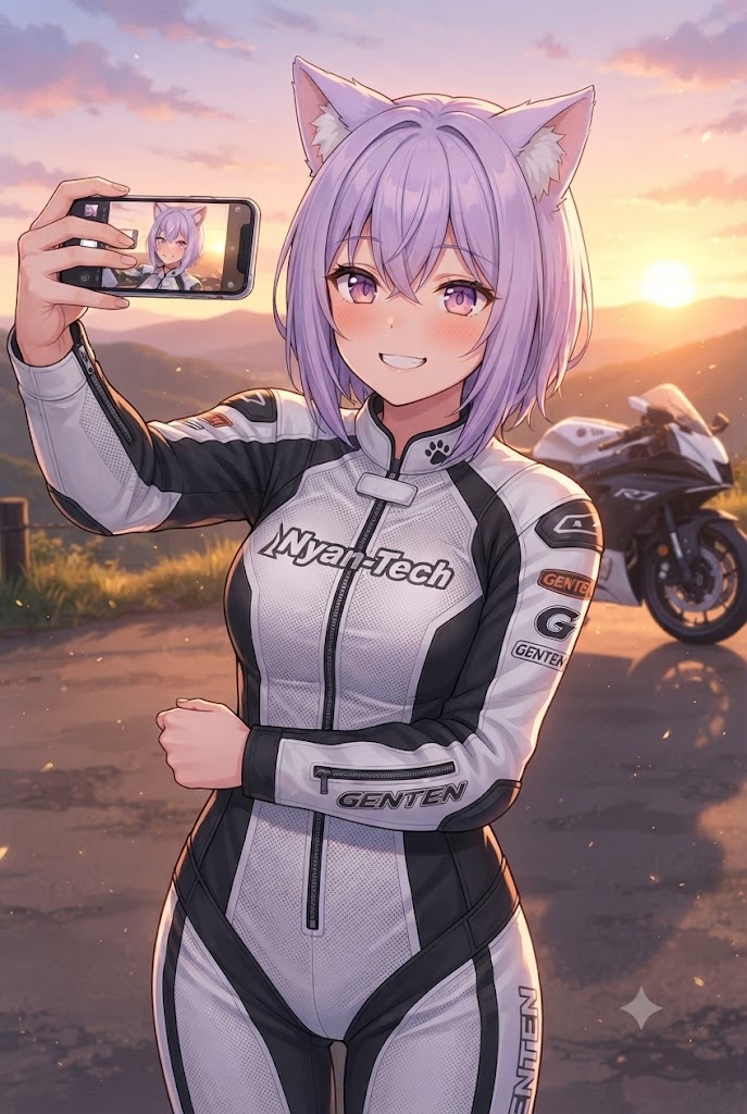 夕暮れのポイントで自撮りするライダースーツのシス