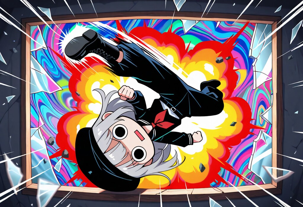 窓ガラスにサイケデリックカオスオーバーヘッドキックをやってしまいよったえらいこっちゃ嬢