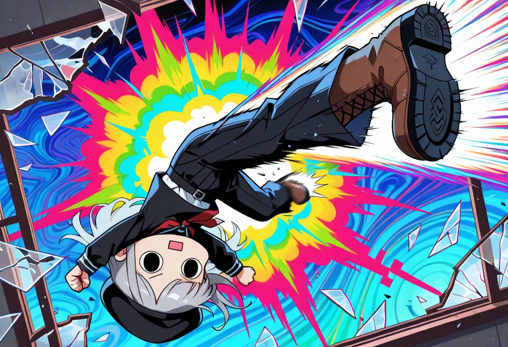 窓ガラスにサイケデリックカオスオーバーヘッドキックをやってしまいよったえらいこっちゃ嬢