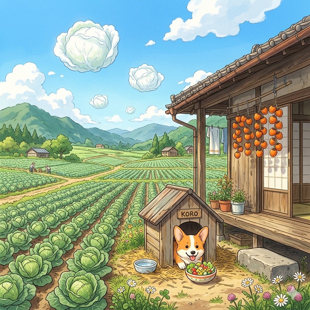 キャベツ畑の前で野菜サラダを食べているコギたん