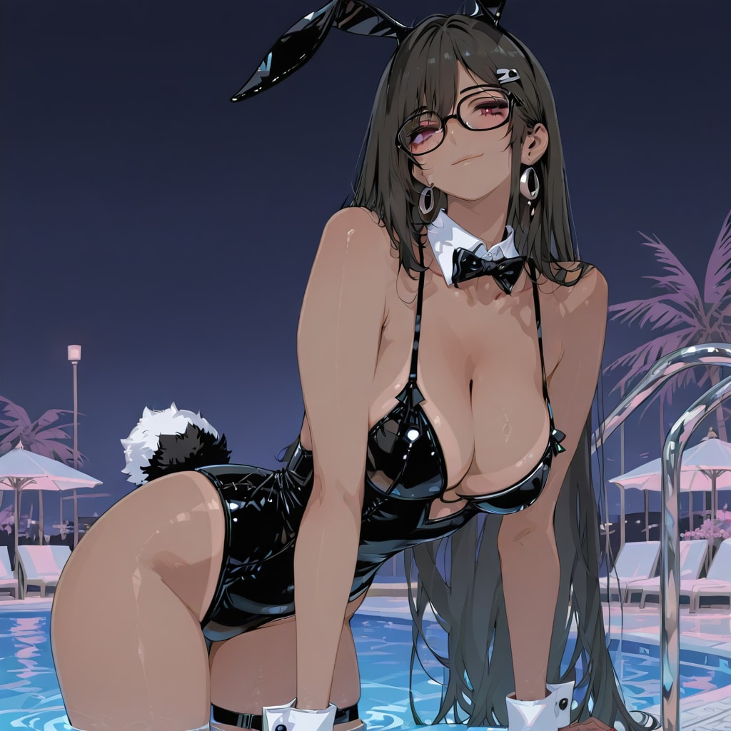 黒髪メガネ　スク水バニーガール