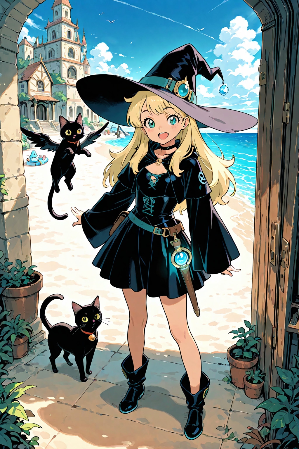 砂浜の魔女と黒猫の冒険 | の人気AIイラスト・グラビア