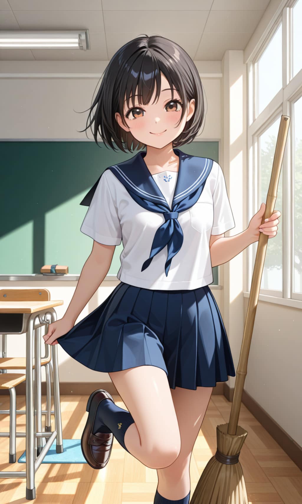 掃除中にポーズの練習