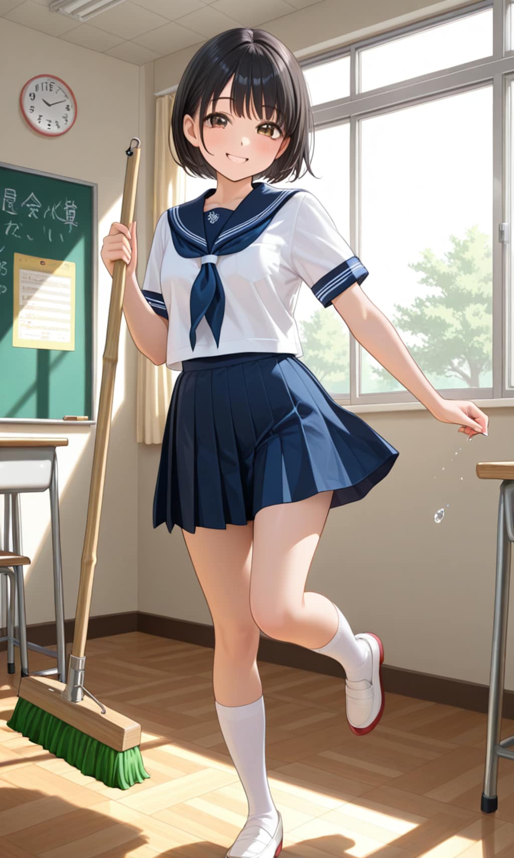 掃除中にポーズの練習