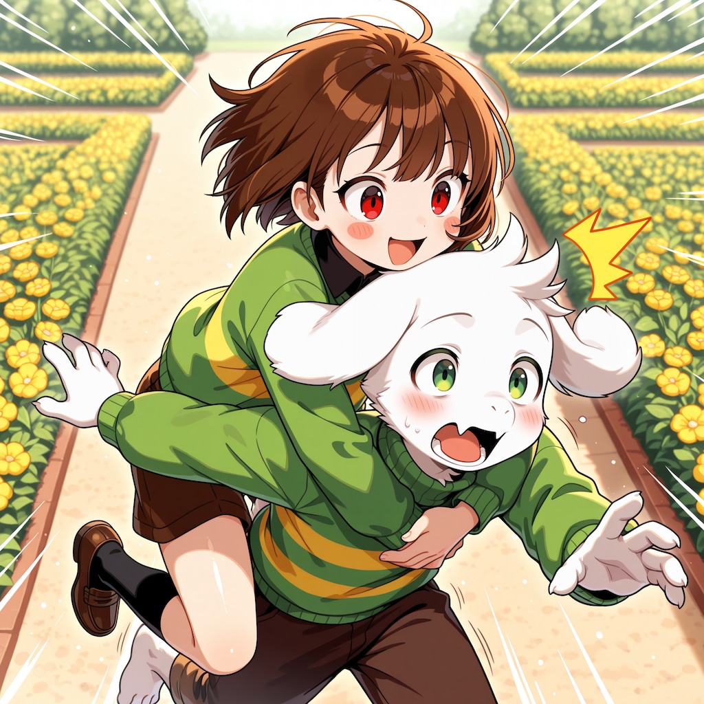 アズリエルくんに後ろからハグするキャラちゃん