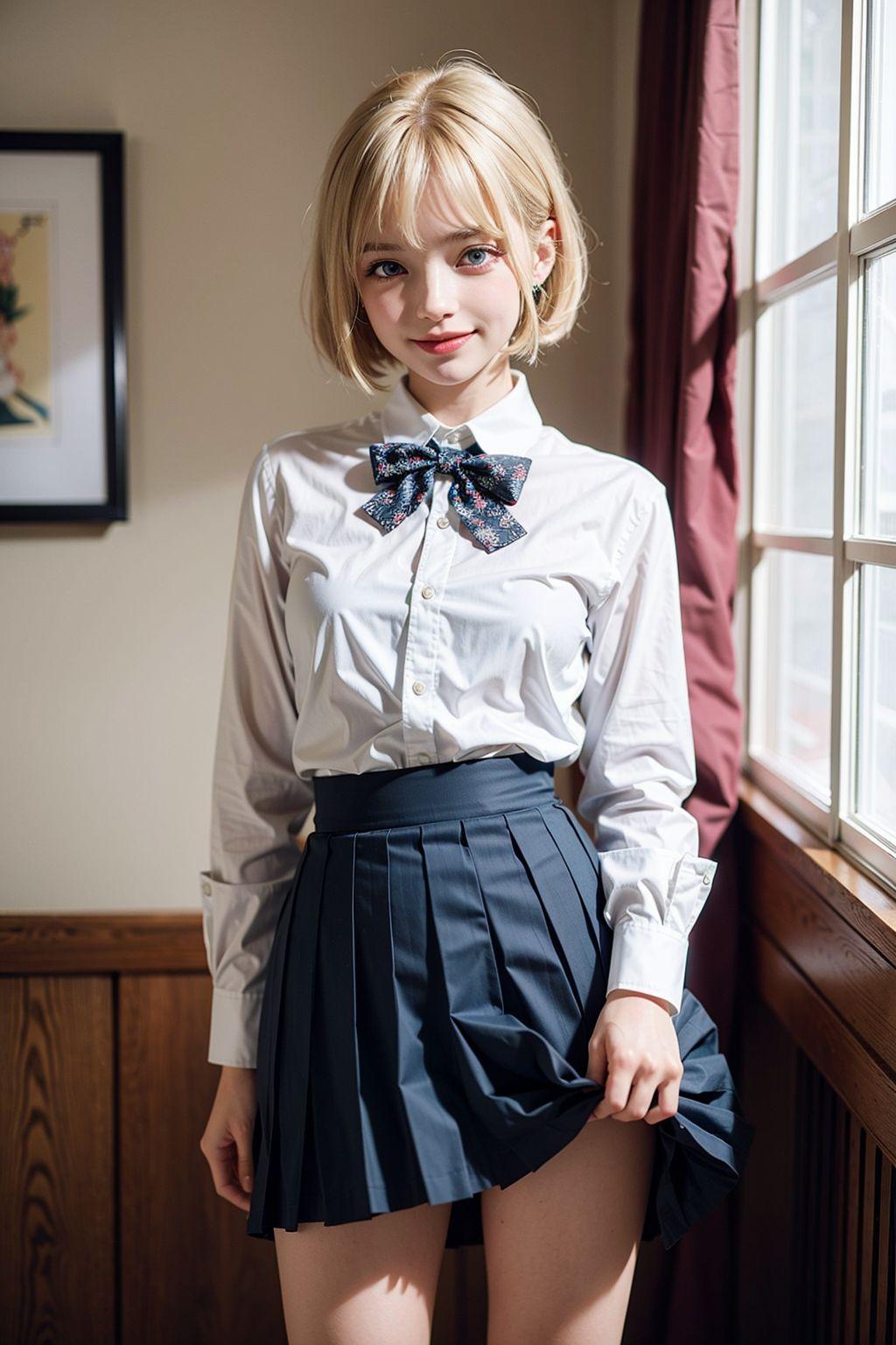 AIイラスト貧乳ロリ顔　エロ画像　服ぺちゃん　18歳女子校生海外コスプレイヤー　少しだけスカートの中を見せてあげる
