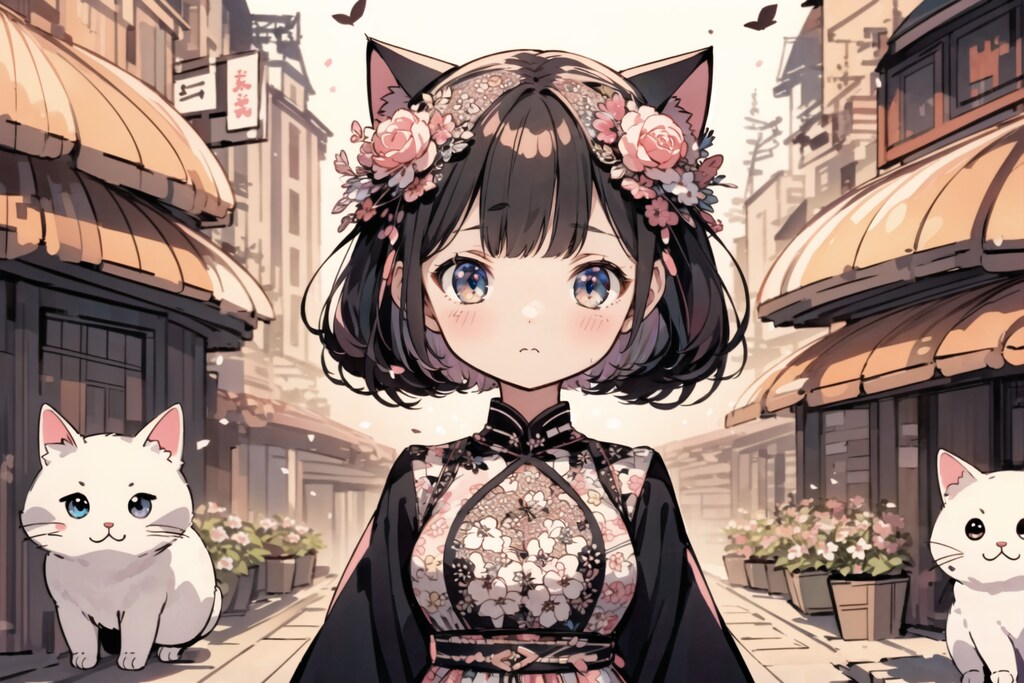 猫と猫耳幼女(zentangle) : 2023.08.19