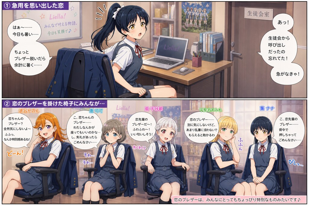 葉月恋の制服ブレザーを掛けた椅子に座るLiella!メンバーたちの反応2