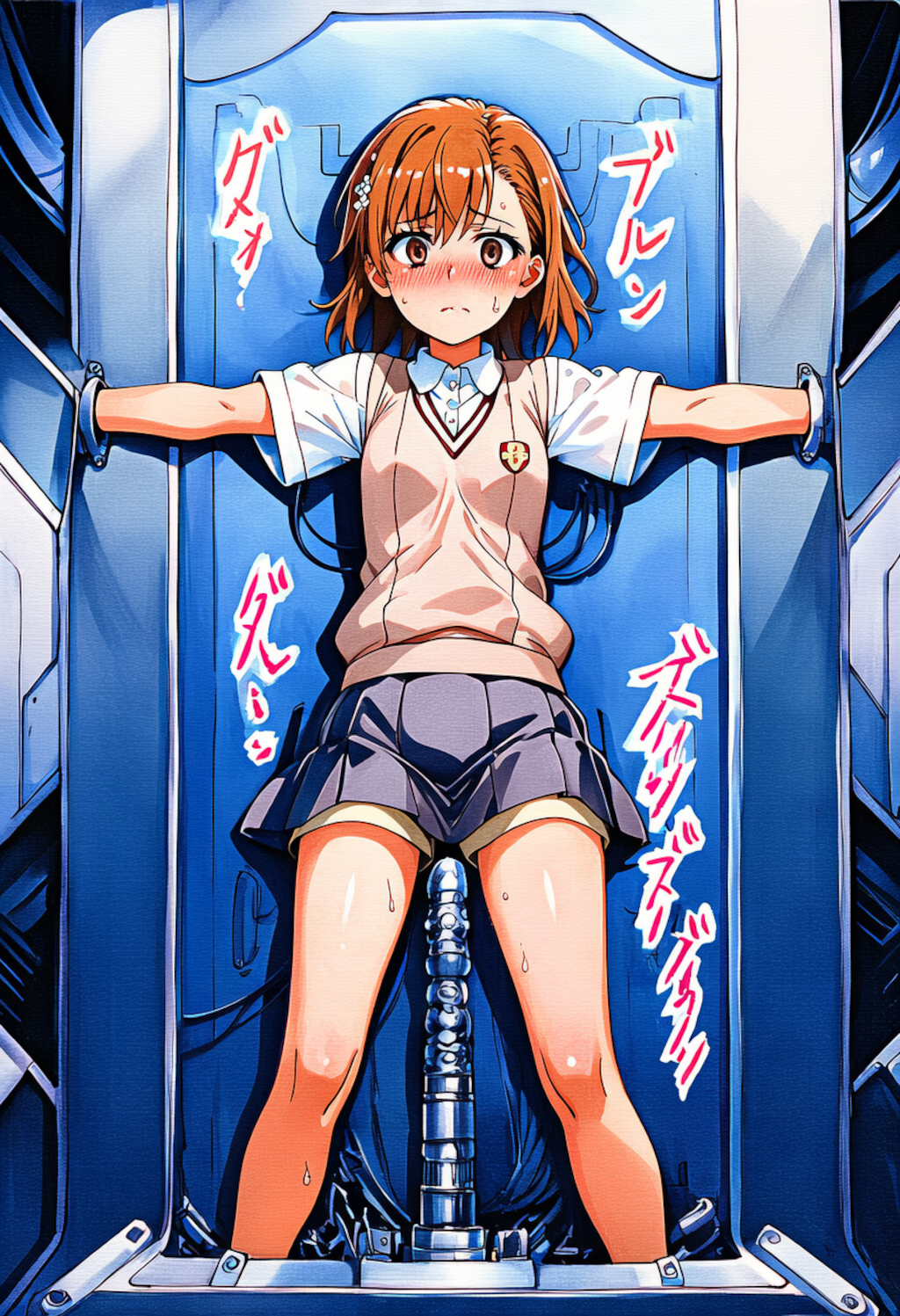 機械に手足を拘束されて絶体絶命の御坂美琴