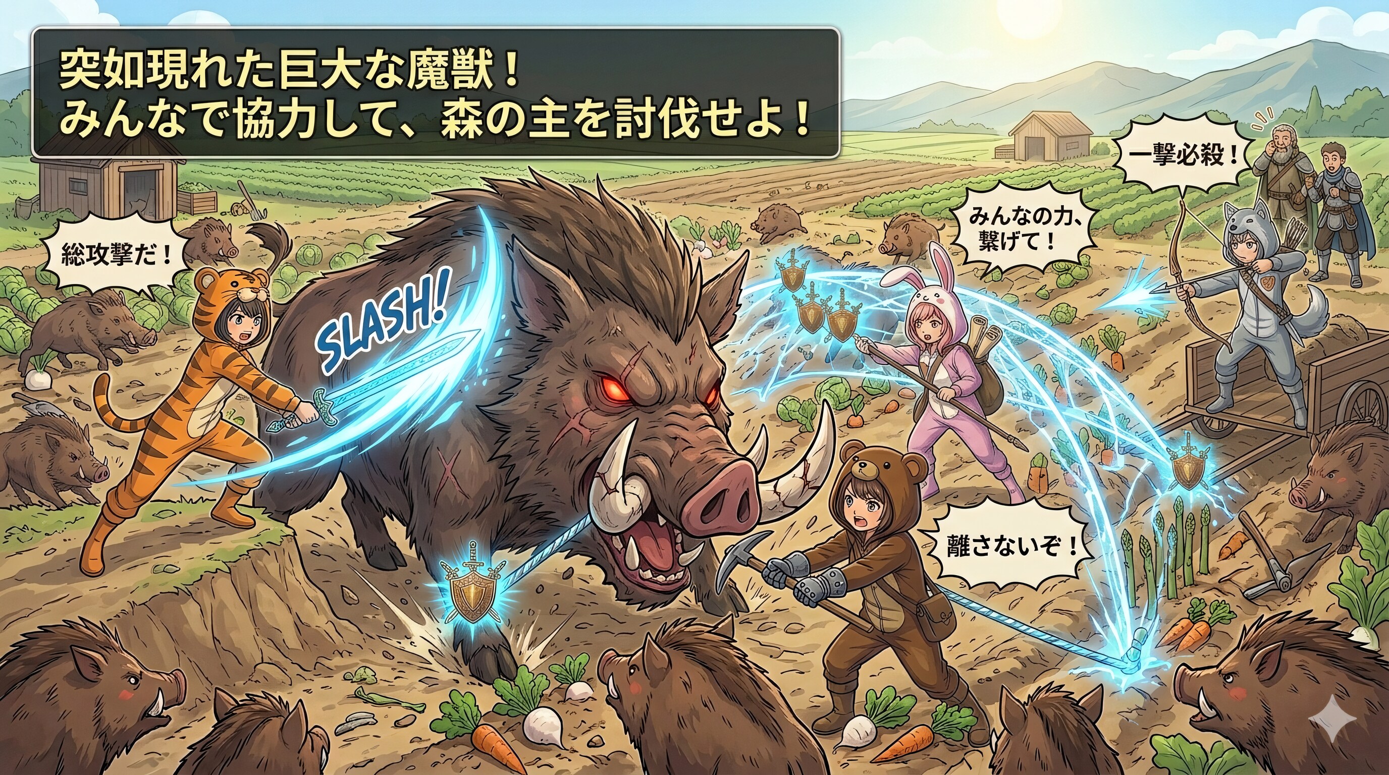 【All0427b】野生の豚と戦闘中、突然巨大な豚のボスが乱入してきた、着ぐるみ冒険者たちは力をあわせてボスを討伐する。（モデル: NanoBanana2）