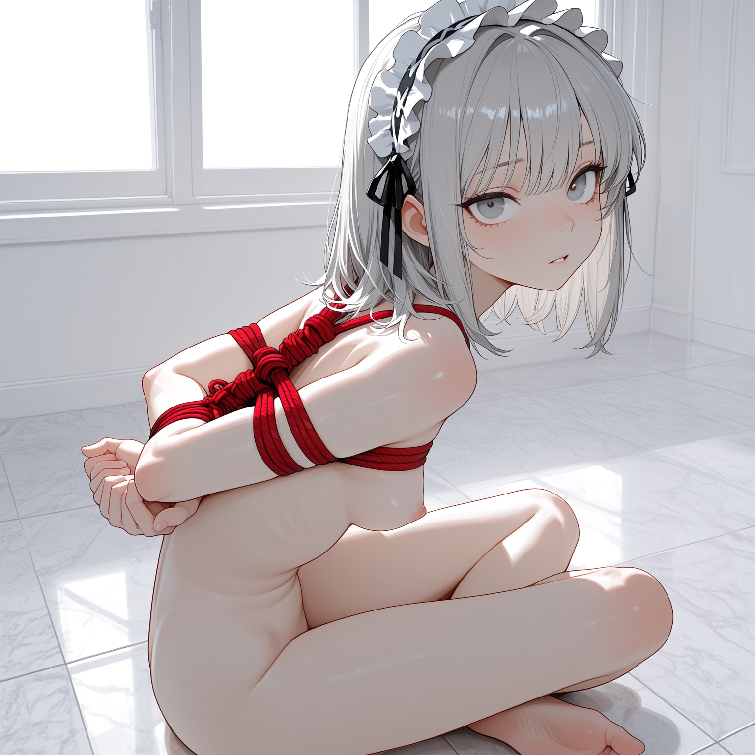 銀髪メイドちゃんを冷たい床に座らせて緊縛