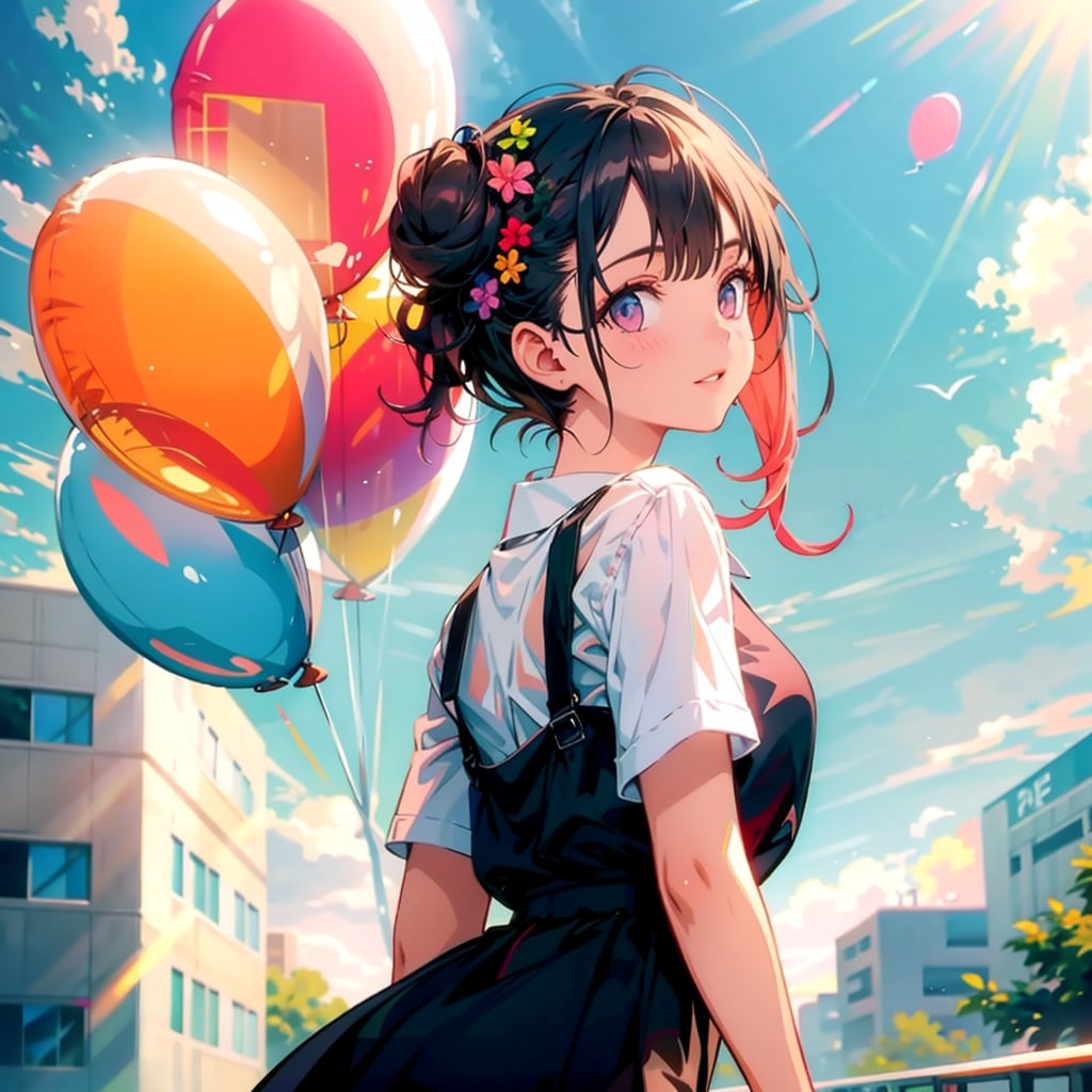 いっぱい風船を持つ黒髪お団子ヘアの美女