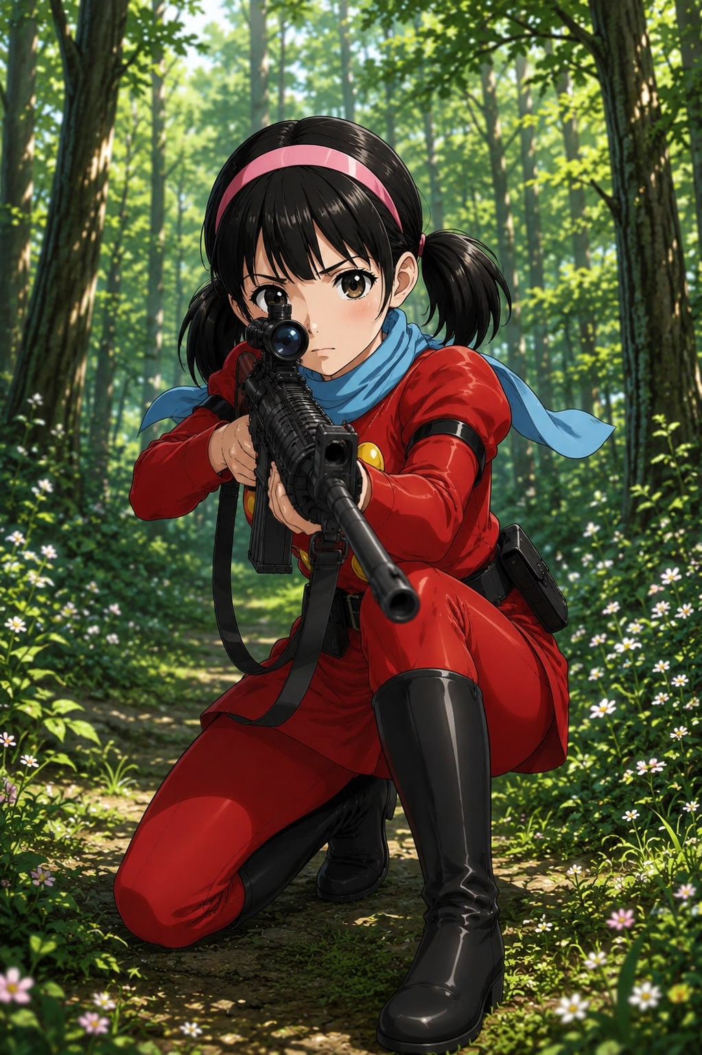 森の中で狙いを定めるサイボーグの女戦士