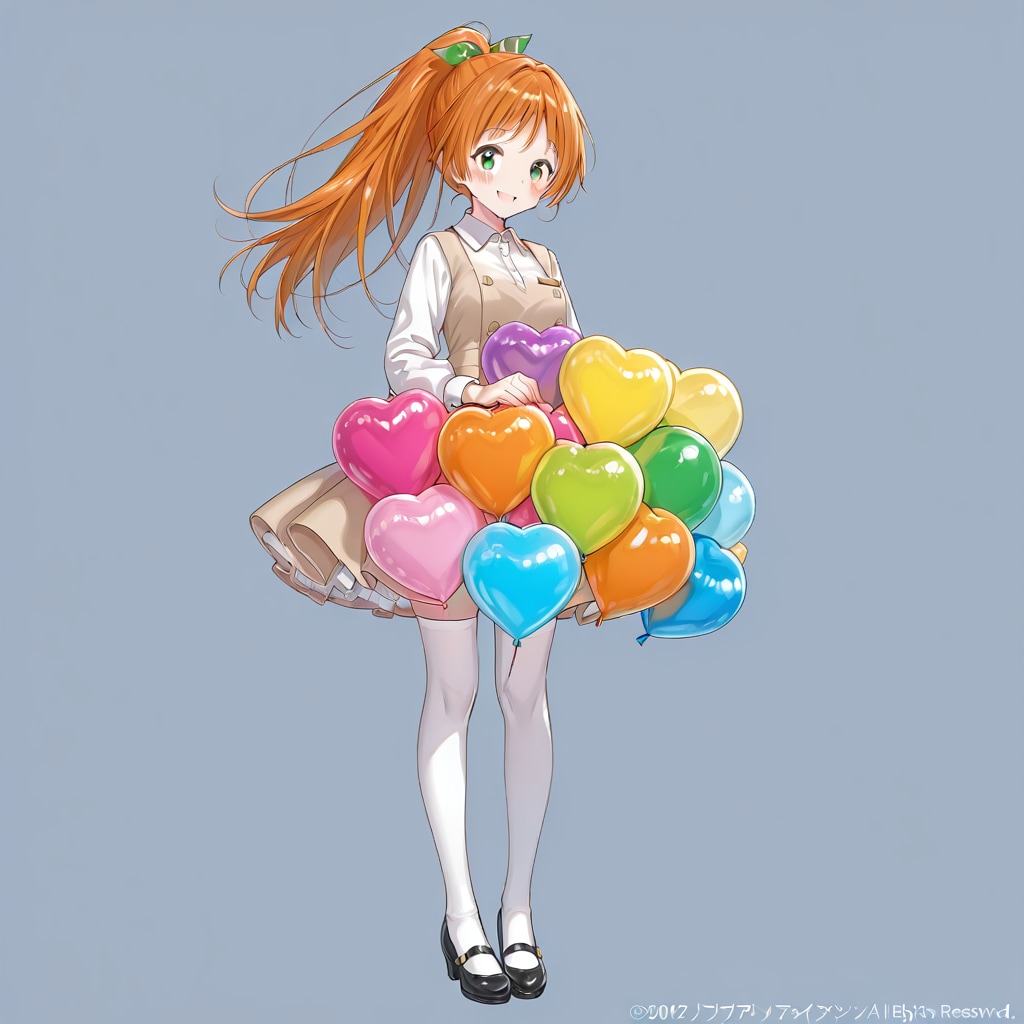 いっぱいハート風船を持つオレンジ髪ポニーテールの保育士の美人。