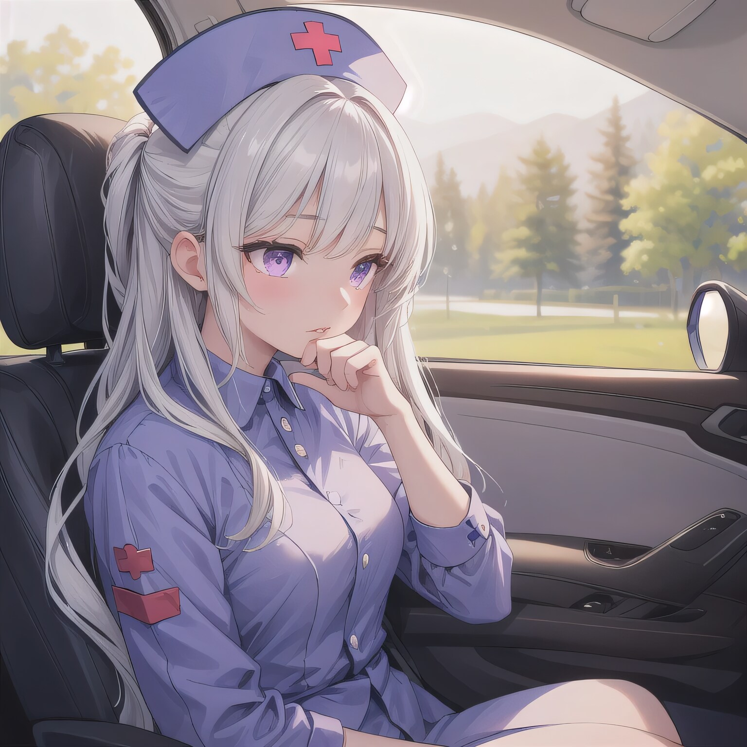 白髪ロングで車内の少女５ | の人気AIイラスト・グラビア