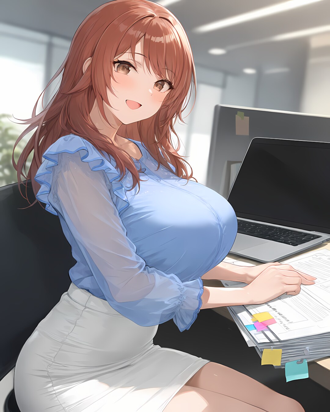 💼ライトブルーシアー×白タイト！知的で華やかな華金オフィススタイル✨ | の人気AIイラスト・グラビア