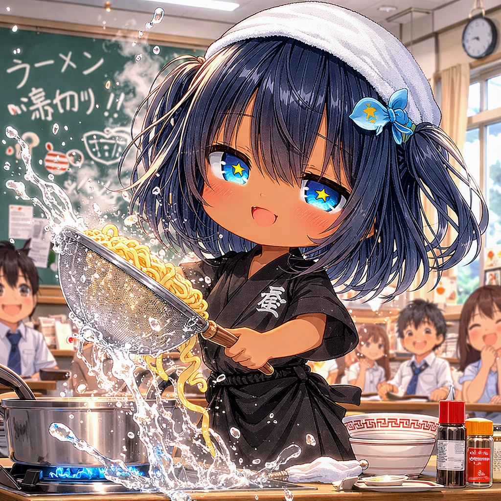 ラーメンの湯切りをするこなつちゃん