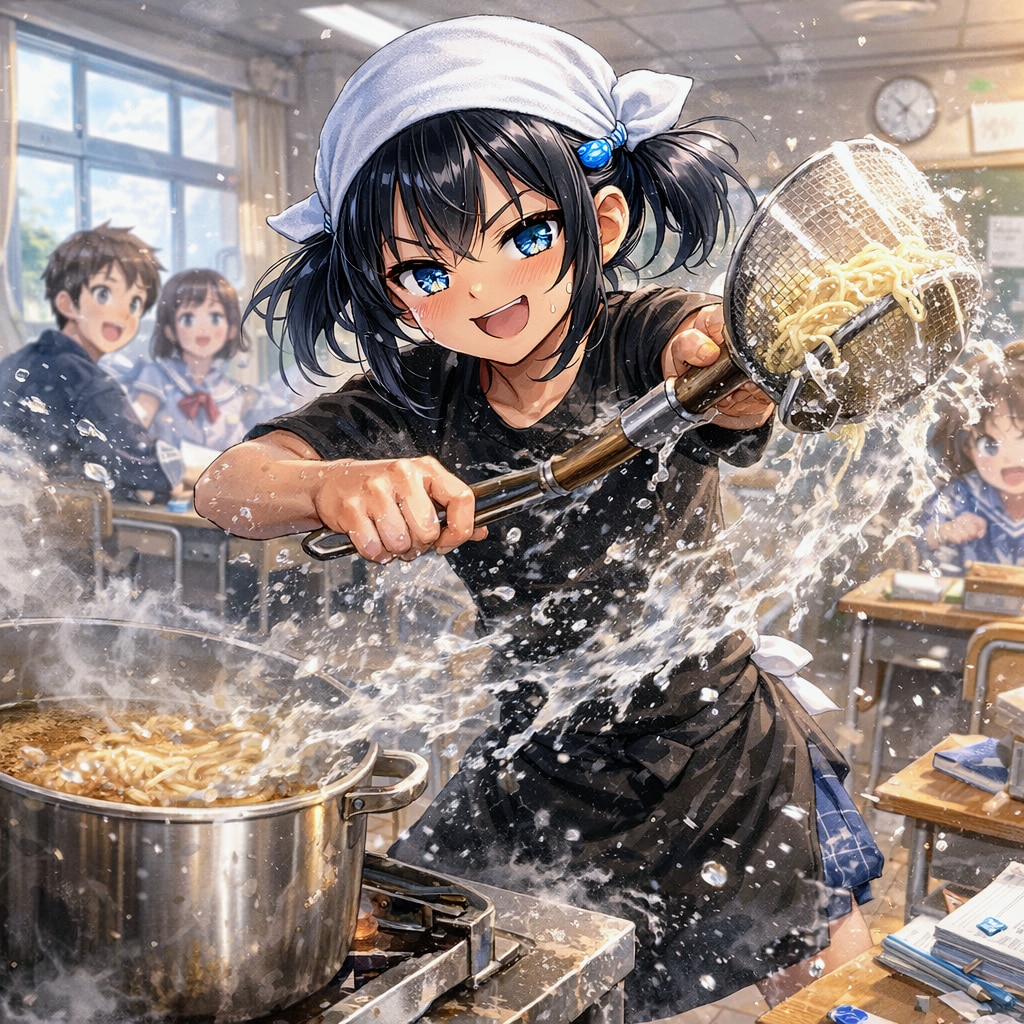 ラーメンの湯切りをするこなつちゃん