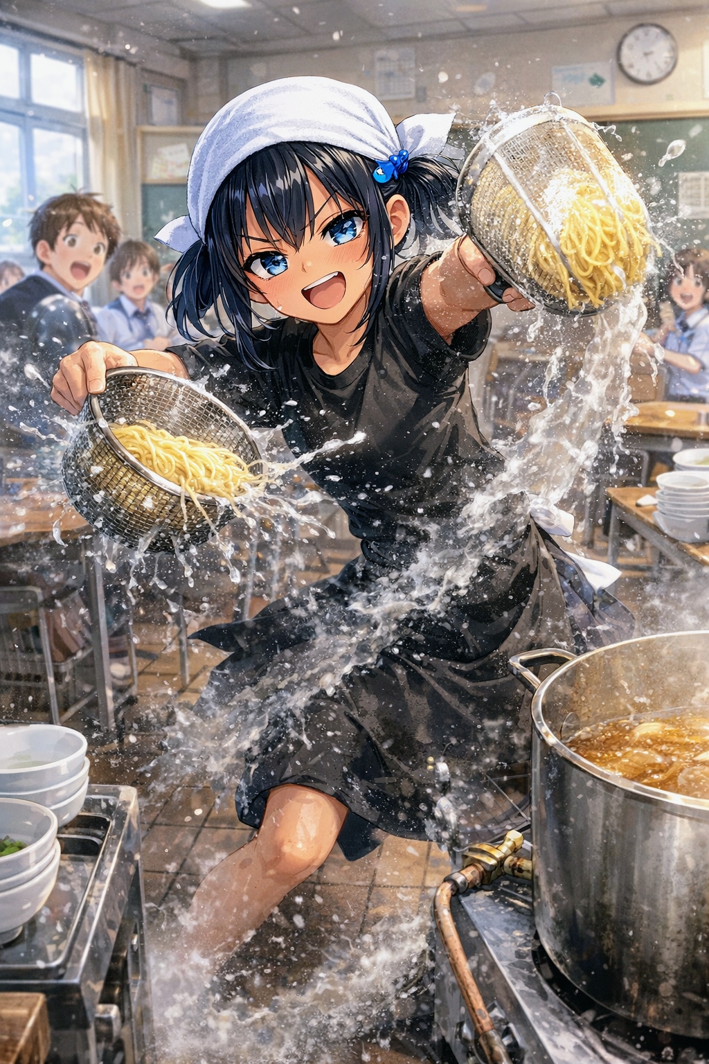 ラーメンの湯切りをするこなつちゃん