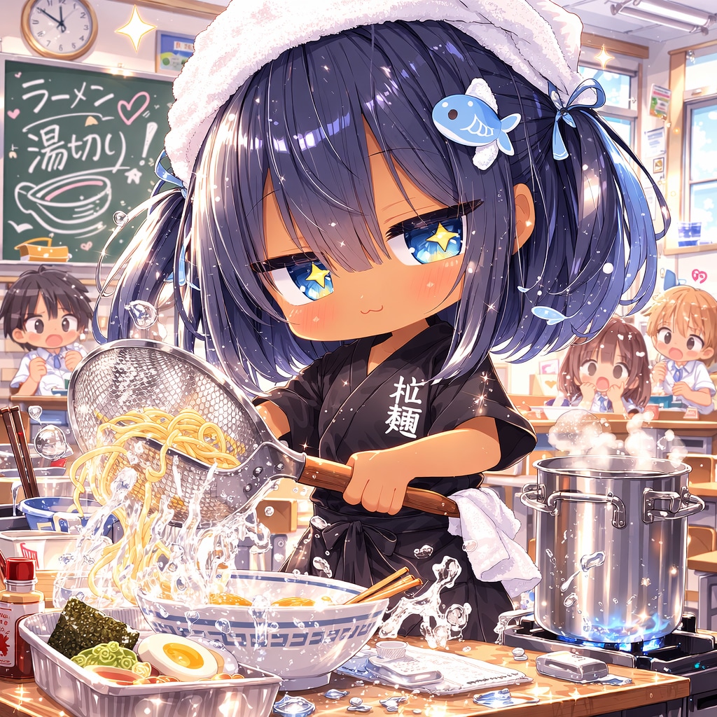 ラーメンの湯切りをするこなつちゃん