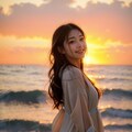 夕暮れ時に美女と浜辺デート❤ 2枚目