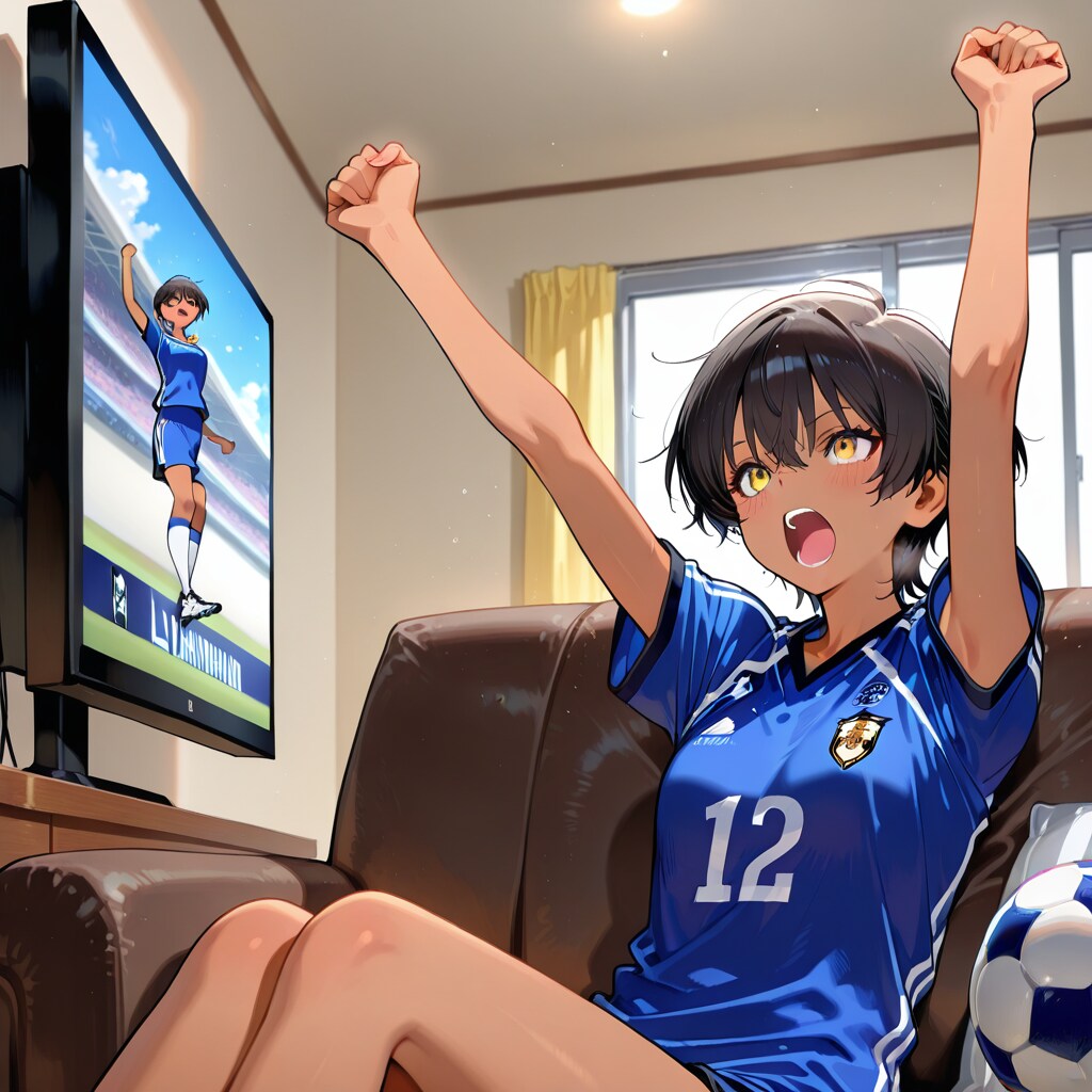 日本代表の活躍で興奮する少女