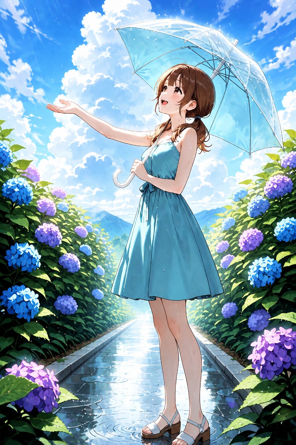 雨上がりの絵海ちゃんとあじさいの花