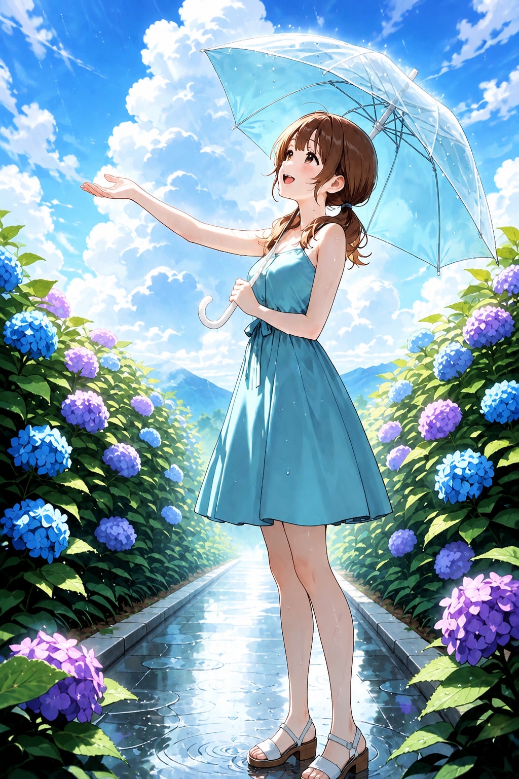 雨上がりの絵海ちゃんとあじさいの花