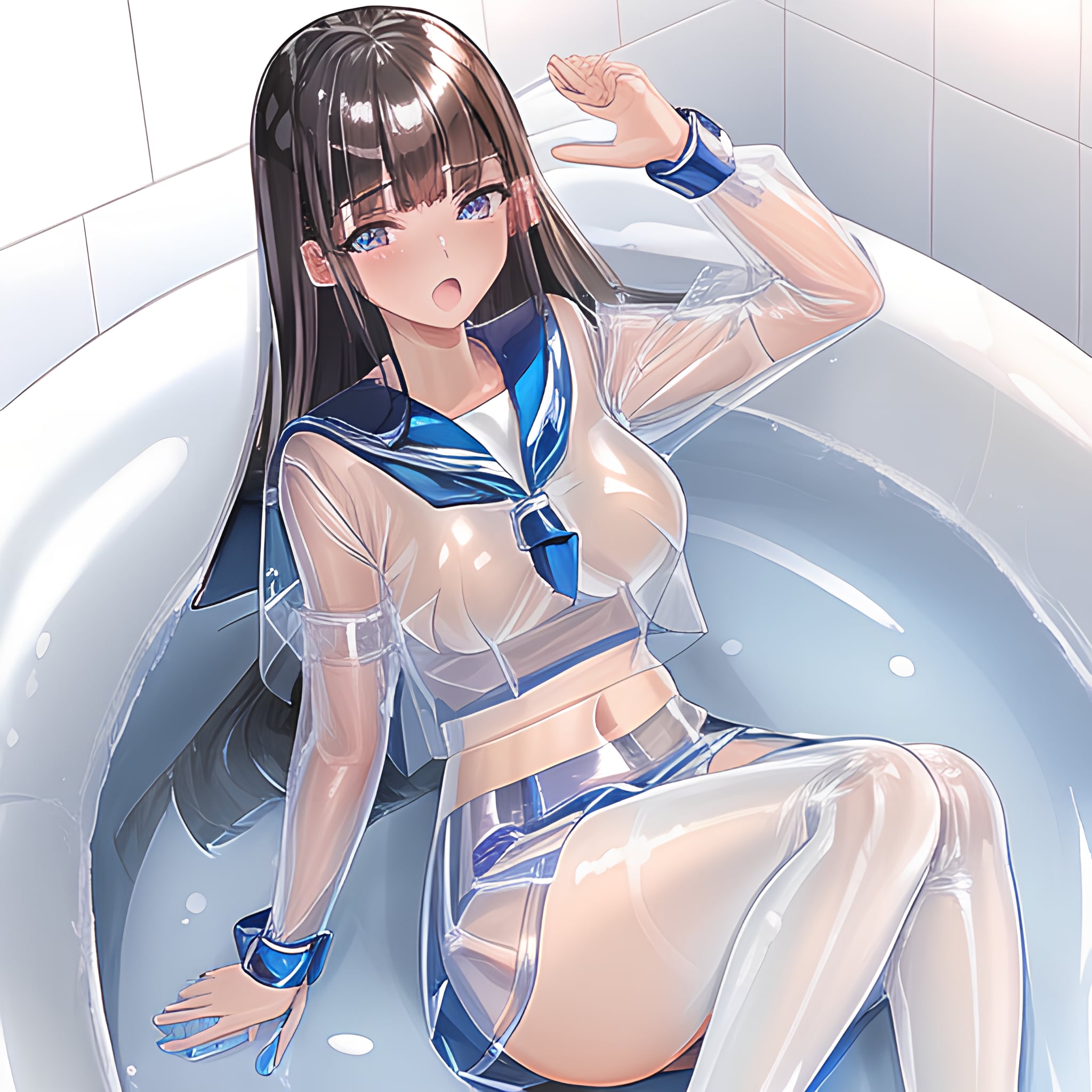 光沢ビニール生地透けセーラー服手袋サイハイブーツ