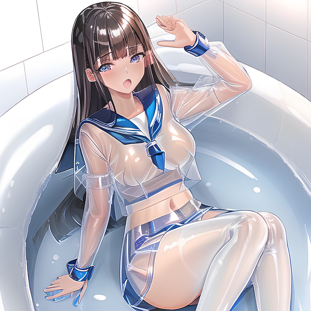 光沢ビニール生地透けセーラー服手袋サイハイブーツ