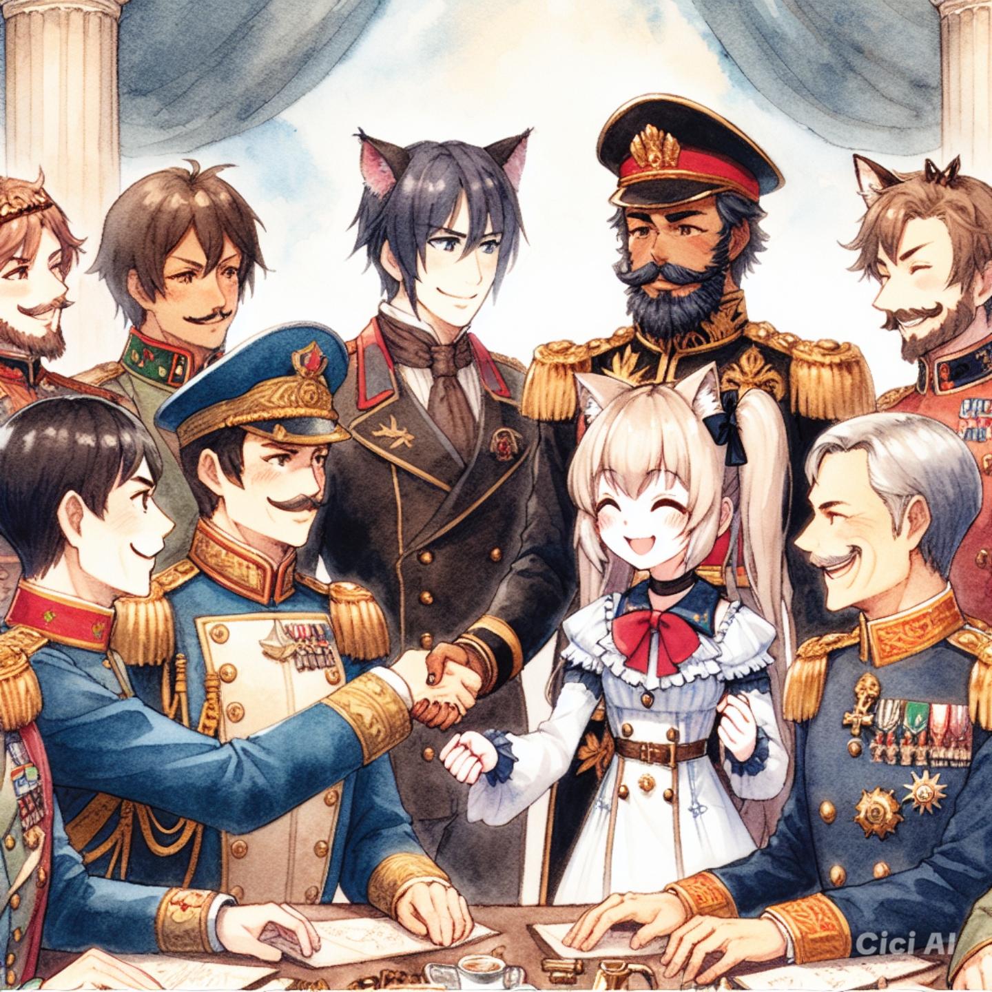 各国の将軍集う 猫耳娘がつなぐ結束の輪 | の人気AIイラスト・グラビア
