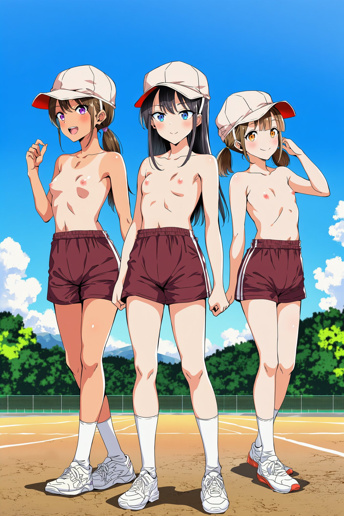 上半身裸+体操着の短パン+赤白帽