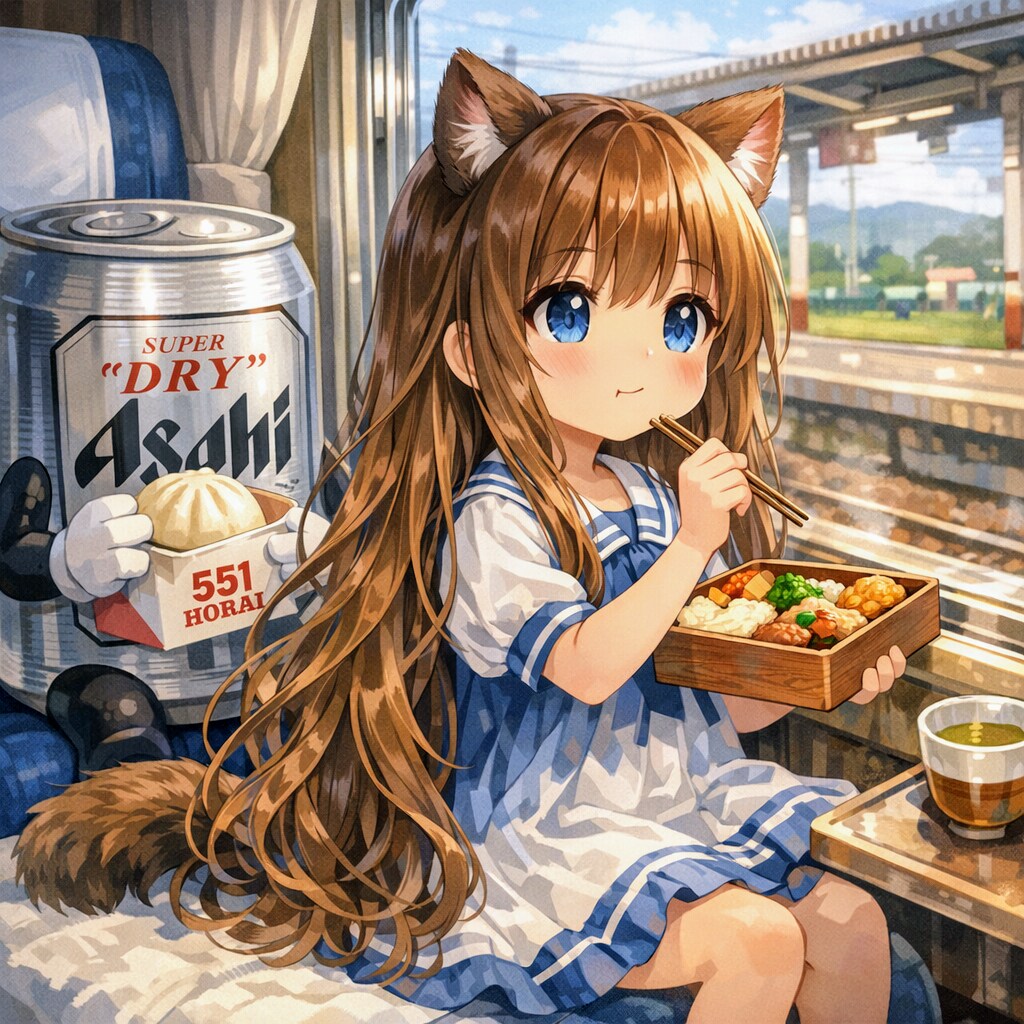 寝台列車の個室で駅弁を食べる小さな女の子