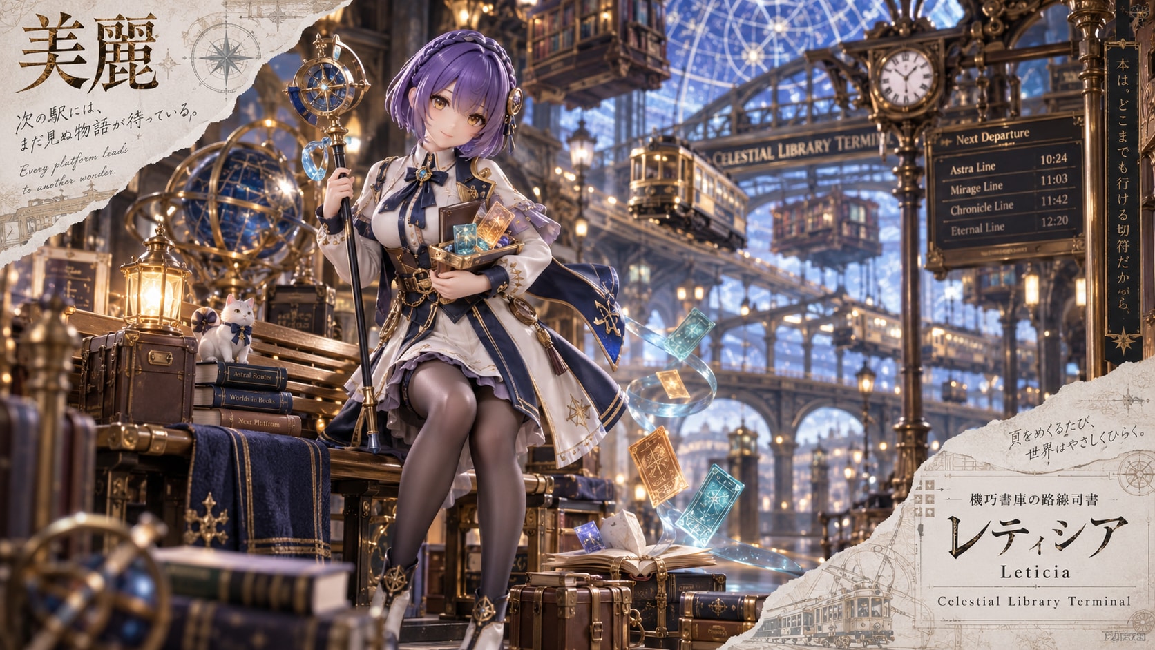 Celestial Library Terminal  Set within a magnificent cosmic train station of books and starlight, a | の人気AIイラスト・グラビア