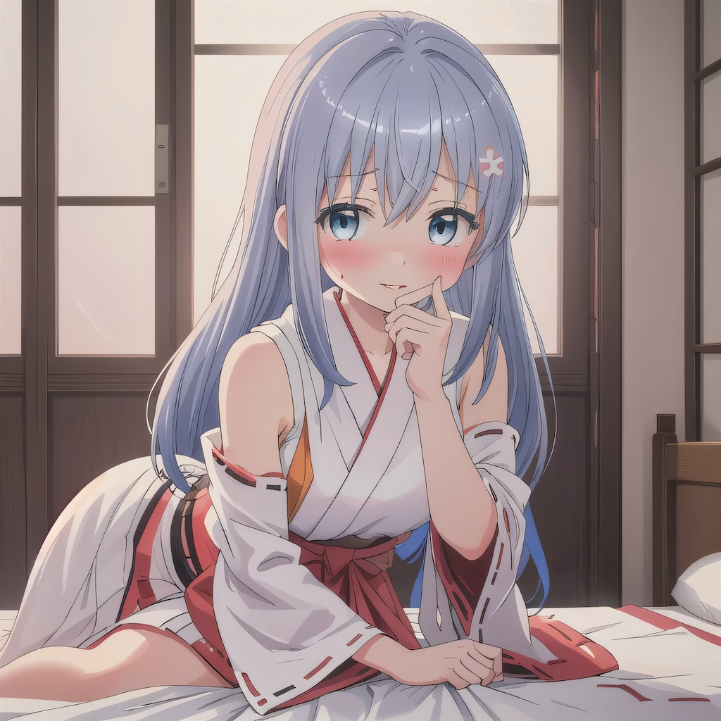 青髪ロングで巫女服の少女