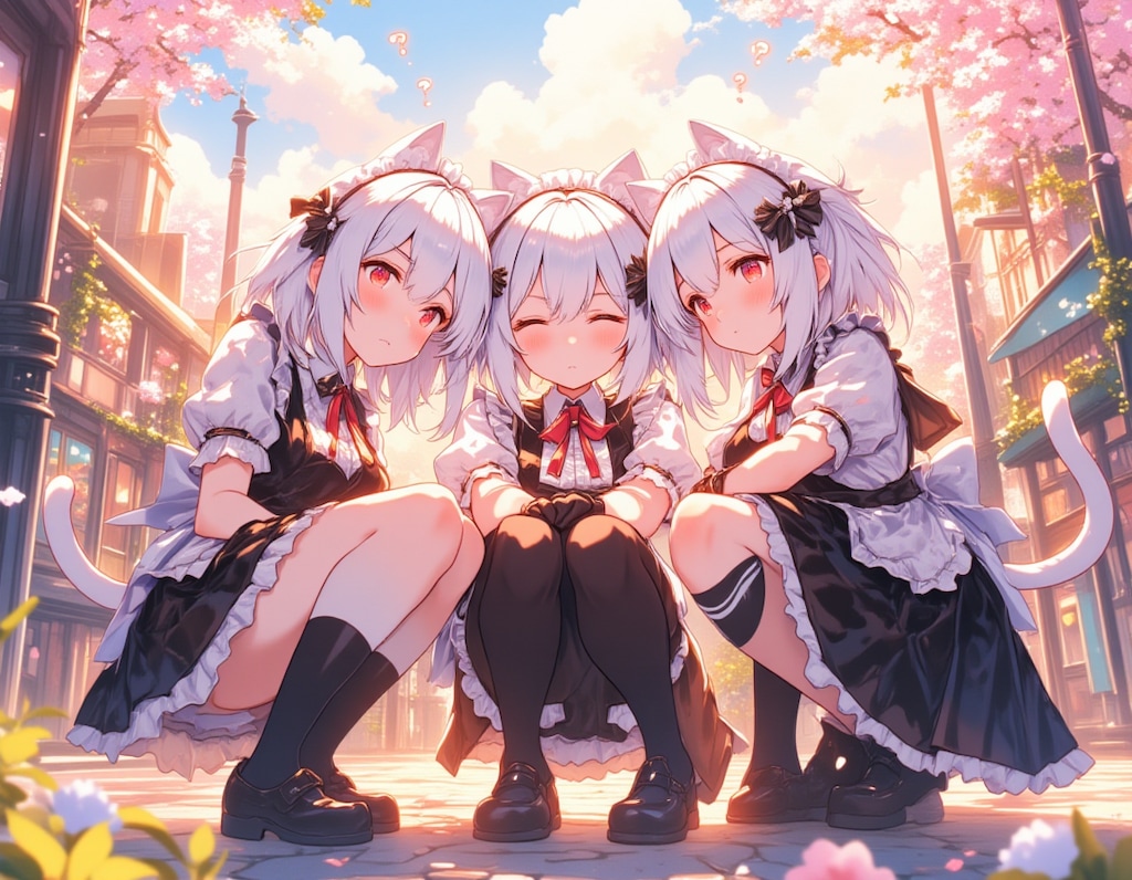 春の街角で佇むジト目の猫耳メイド三姉妹